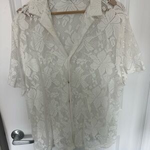 Mens White Lace Button Down Shirt